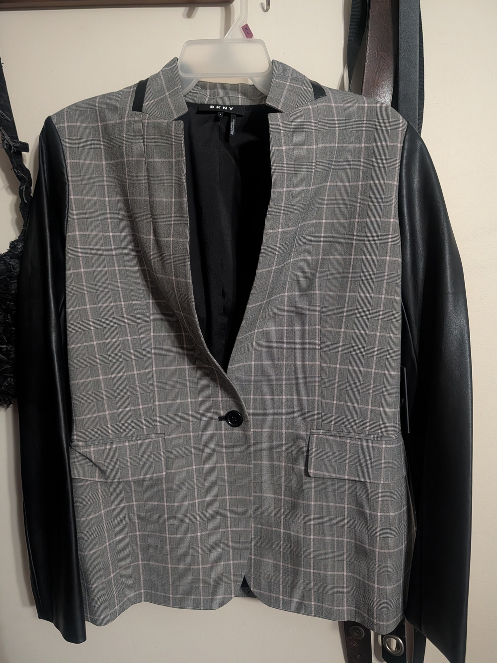 DKNY Grey Plaid Blazer with Black Faux-Leather Sleeves